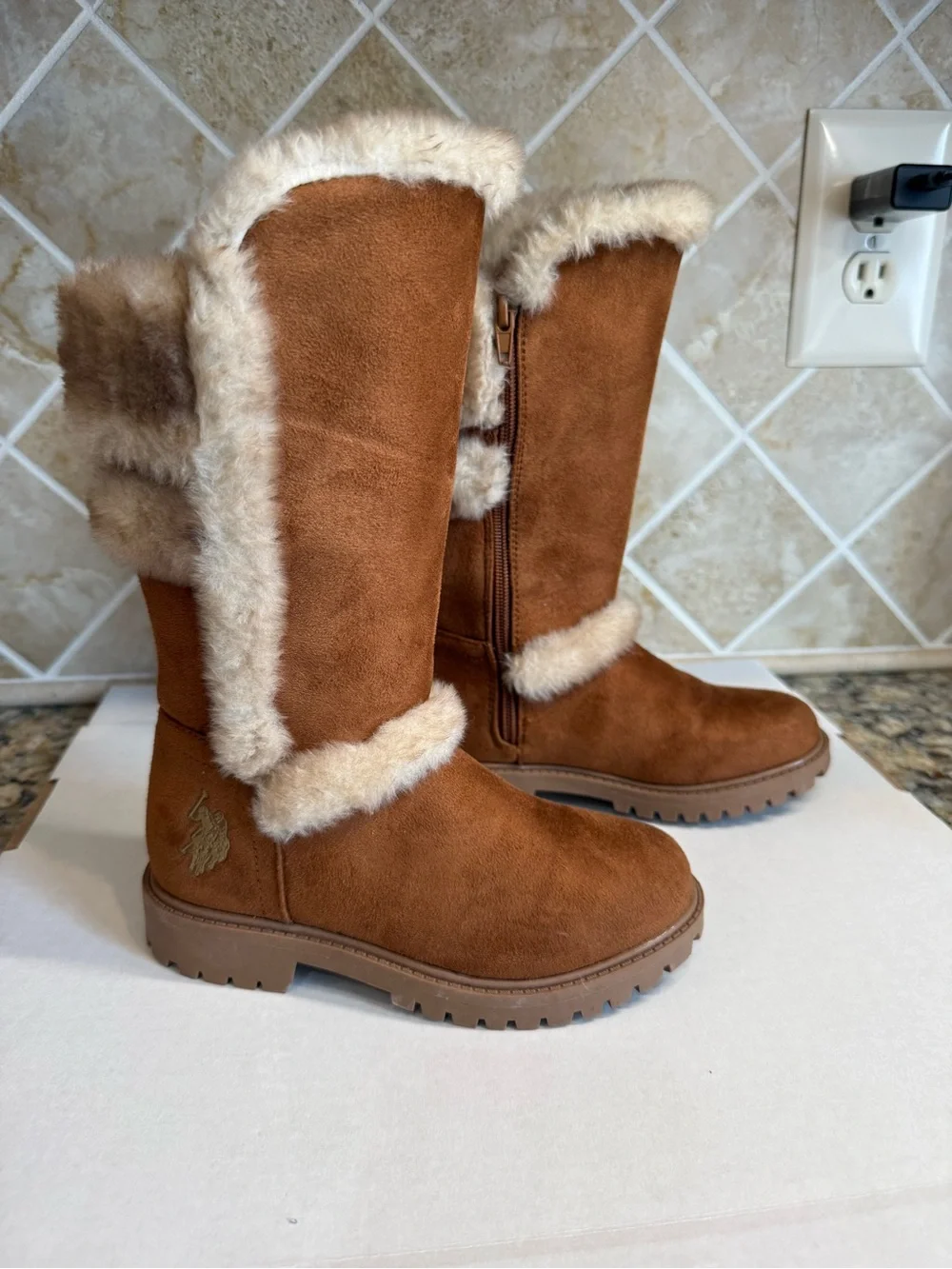 U.S. Polo Assn Girls Size 12C Brown Faux Fur Pom Pom Tall Winter Boots Zip